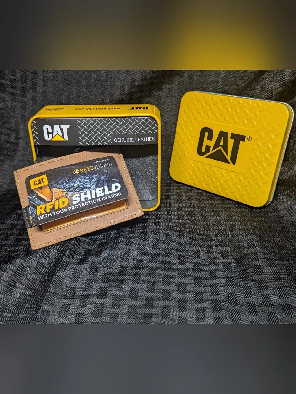 Cognac Leather Caterpillar RFID Card Holder With Embossed Logo.